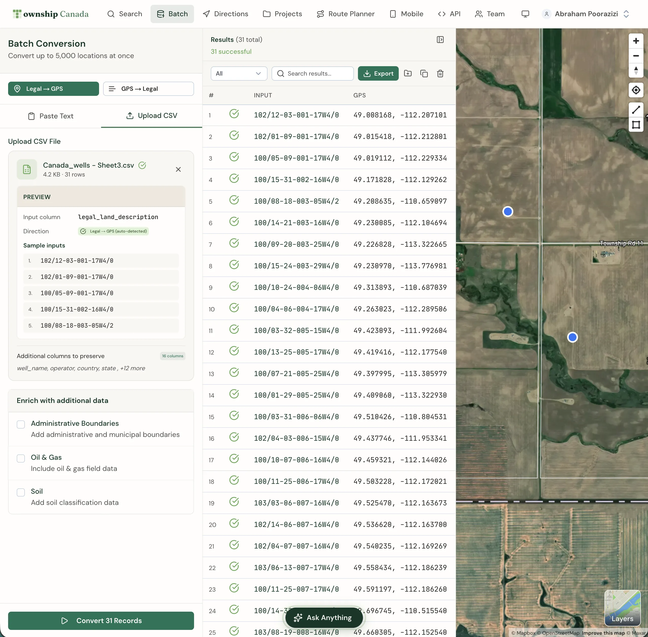 Batch conversion of quarter section legal land descriptions to GPS coordinates