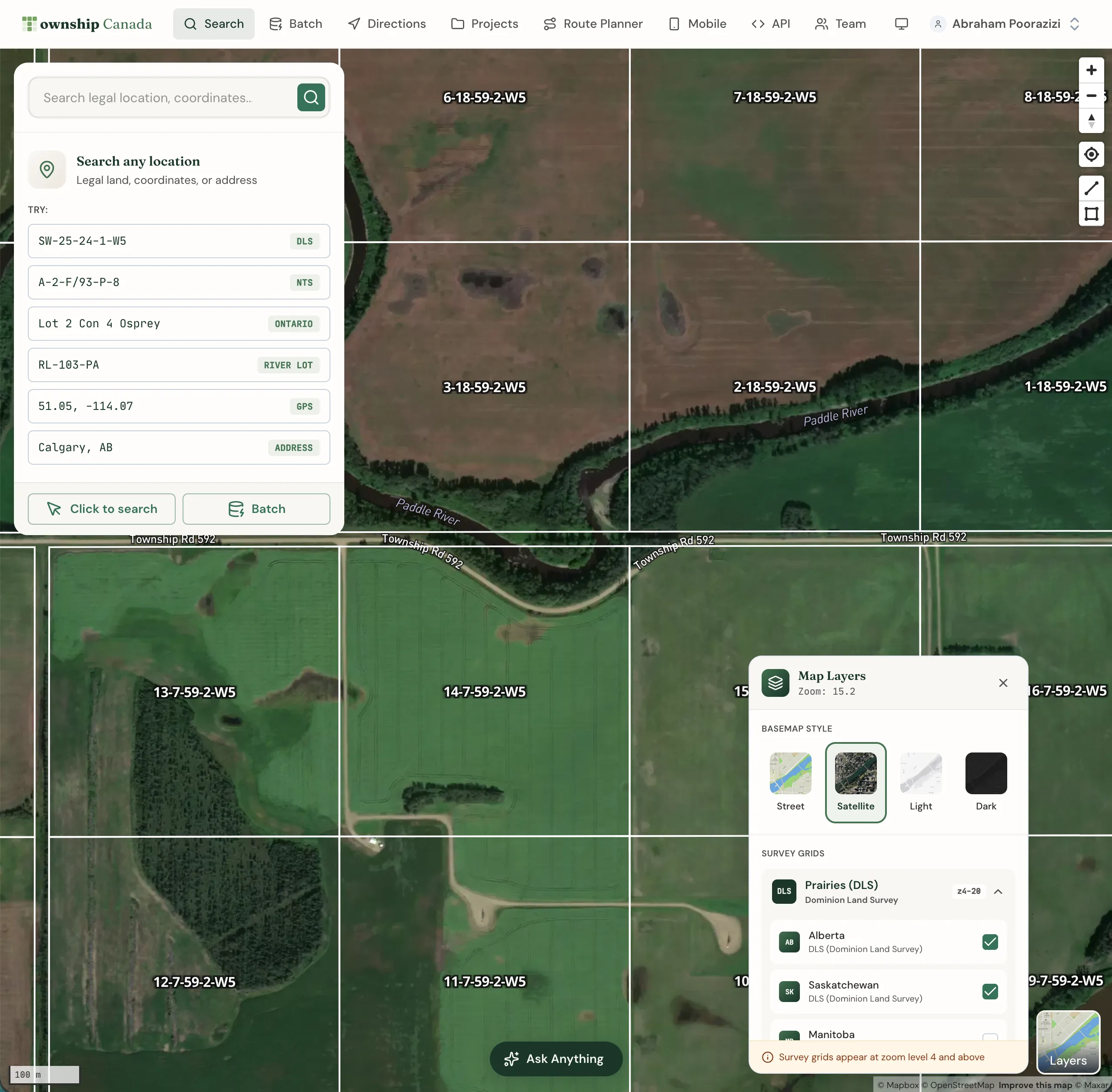 Quarter sections mapped on the DLS survey grid in Township Canada
