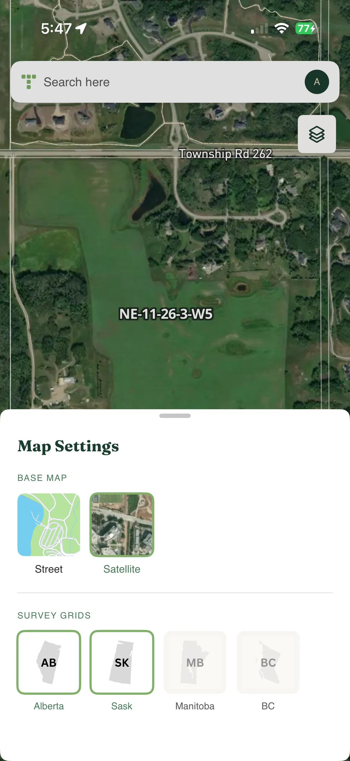 Township Canada mobile app showing legal land description search