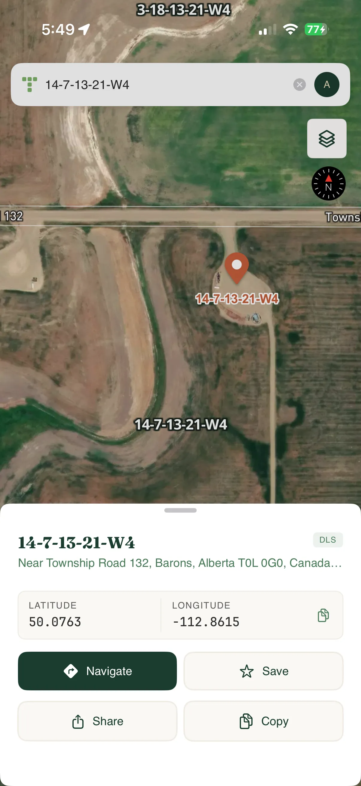 Township Canada mobile app displaying DLS grid map