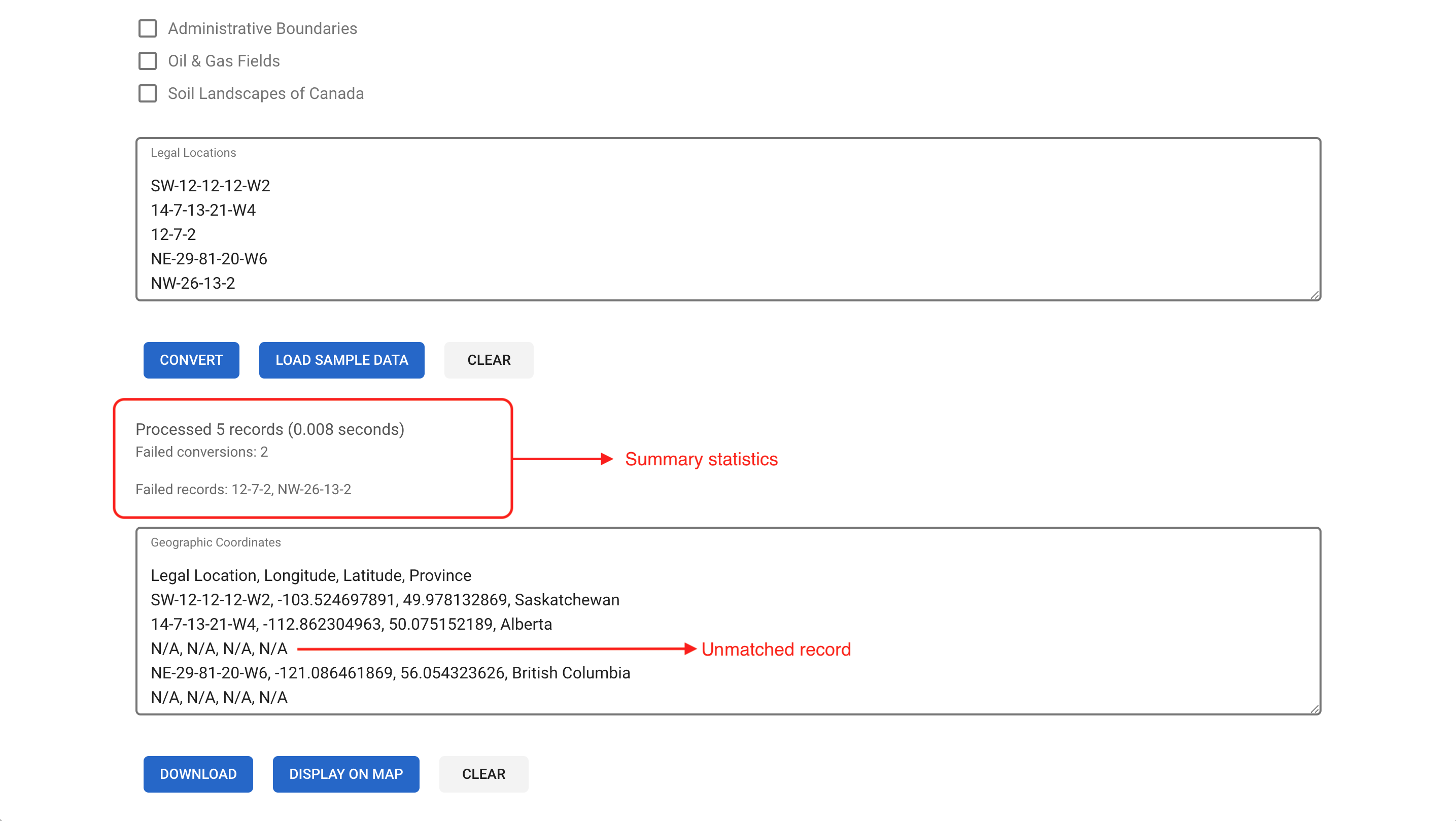 Township Canada's updated Batch Conversion Tool with data processing report and 'N/A' placeholders for unmatched records